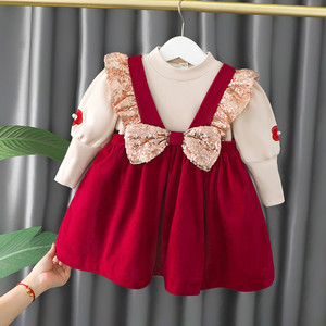 女童秋冬季小香风背心裙打底衫两件套装宝宝金边加绒婴儿周岁礼服