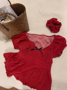 红色蝴蝶结泡泡袖波点衬衫女2024夏季新款短袖衬衣小衫设计感上衣