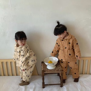 儿童睡衣冬季加厚款韩国男女童居家服纯棉宝宝三层夹棉家居服套装