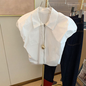 白色短款polo领拉链衬衫女小个子设计感气质韩系别致简单上衣夏季