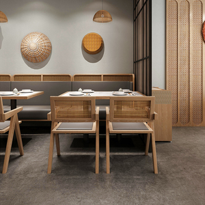 新中式实木编藤卡座沙发主题餐厅火锅店桌椅组合侘寂风卡座定制