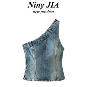 Niny JIA欧美风外贸设计感小众女装新款时尚单肩不对称牛仔上衣潮