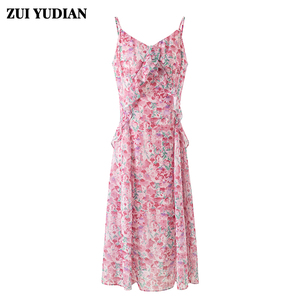 粉色碎花v领吊带连衣裙女夏季高级感气质显瘦a字裙小个子雪纺裙子