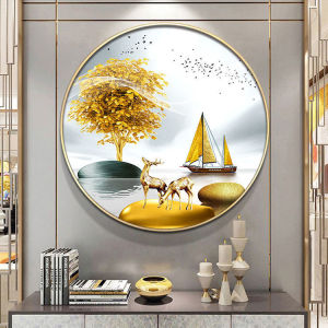 现代简约招财金鹿轻奢圆形装饰画客厅卧室玄关餐厅挂墙酒店挂画