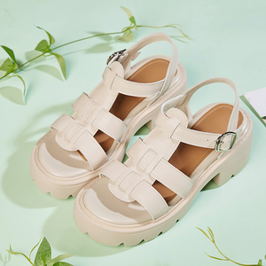 63康奈厚底凉鞋女夏季粗跟真皮高跟女鞋新款时尚松糕鞋罗马编织鞋