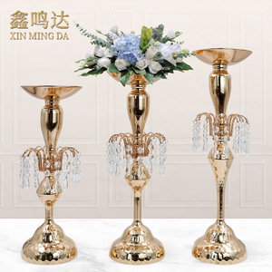 金属铁艺花瓶 水晶亚克力挂珠花器金色电镀欧式婚庆餐桌摆件