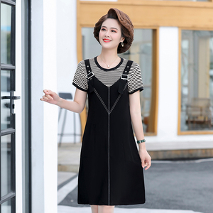 时尚假两件拼接背带裙新款2022夏季妈妈女装40-50岁圆领t桖连衣裙