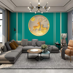 客厅沙发影视墙壁纸新款轻奢风定制自粘壁布孔雀绿电视背景墙布画