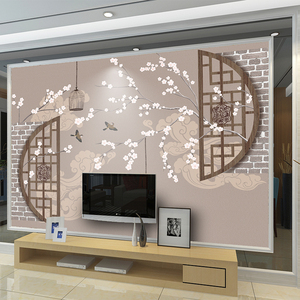 8d中式电视背景墙壁纸家用简约现代墙纸造型装饰壁画花鸟影视墙布
