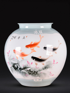 景德镇陶瓷花瓶大口新中式客厅玄关电视柜摆件手绘浮雕鱼乐图瓶