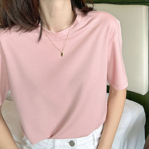 诗鼎粉色短袖T恤女小众设计2023新款小圆领正肩冰感上衣显瘦百搭