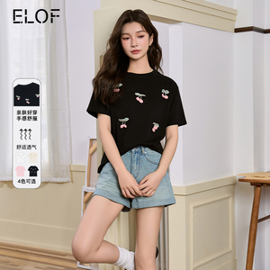 ELOF夏季樱桃提花短袖T恤女小众正肩打底衫+卷边牛仔短裤组合套装
