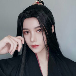 00松橡购物优选淘宝头套式假发套男 帅气古风汉服长发少年假发侠客