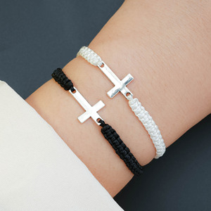 简约时尚友谊手链手工编织十字架手绳黑白套装情侣手链2件套