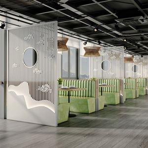 新中式餐厅卡座隔断屏风火锅烤肉饭店玄关镂空格栅包间背景墙装饰