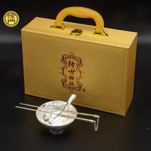 银三件套碗筷套装餐具碗礼品会销筷子勺子镀银999纯银五福礼盒勺
