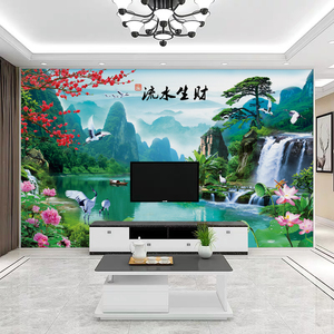 流水生财电视背景墙壁画山水风景新中式墙纸客厅影视墙布装饰壁纸