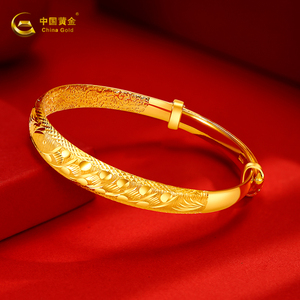 中国黄金 宽面手镯女款足金推拉纯实心纯金镯子结婚金首饰送长辈