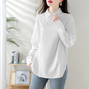 素木斜襟盘扣新中式白衬衫女2024新款宽松显瘦长袖衬衣设计感高级
