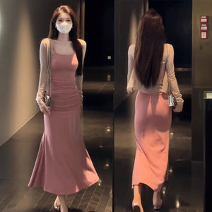 步步生莲鱼尾连衣裙女夏季2024新款收腰显瘦粉色气质吊带长裙套装
