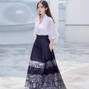 新中式国风改良汉服黑色马面裙夏季薄款大码女装胖mm日常通勤套装