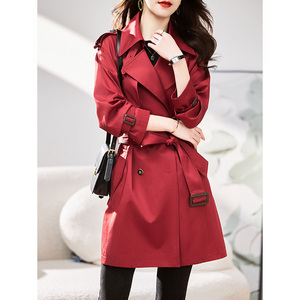 奥特莱斯女装专柜外贸风衣外套女中长款春秋红色双排扣高级感大衣