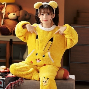 皮卡丘睡衣儿童秋冬季法兰绒加厚珊瑚绒中大童卡通小孩家居服套装