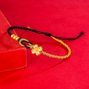 四叶草黄金情侣手链3d硬金999足金本命年红绳编织手绳定情信物