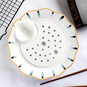 水饺盘子带醋碗多饺子盆沾酱碟子饺子托盘家用沥水饺子碟陶瓷