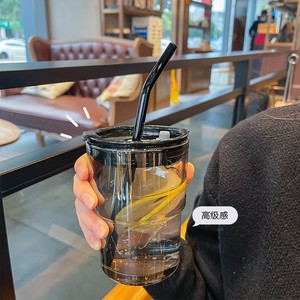 ins简约透明高硼硅玻璃杯设计师办公吸管早餐咖啡水杯茶色随行杯