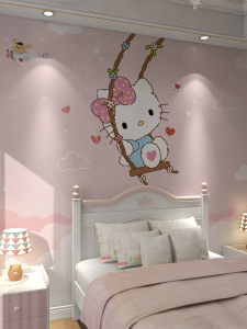 kitty猫墙纸公主房环保壁纸墙布儿童房壁布女孩卧室背景墙壁画3d