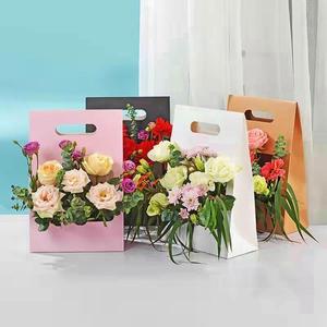 手提单面开窗花束插花盒沙龙花艺包装手拎袋牛皮纸质鲜花礼品袋子
