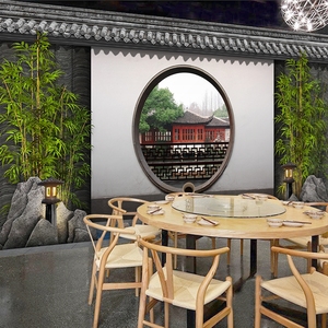 3d立体中式庭院装饰墙纸徽派宅院子建筑背景墙火锅店饭店装修壁纸