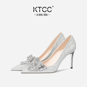 KTCC水晶婚鞋女秀禾主婚纱两穿蝴蝶结法式晚礼服高跟鞋结婚新娘鞋