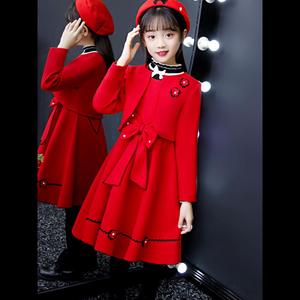 韩国SZ女童秋冬裙子毛衣套装2024新款韩版中大童毛呢外套两件