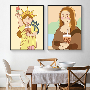 创意搞怪世界名画卡通版蒙娜丽莎装饰画抽象艺术壁画奶茶店挂画