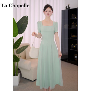 拉夏贝尔绿色连衣裙女收腰显瘦气质高级感超好看网纱拼接大摆裙夏