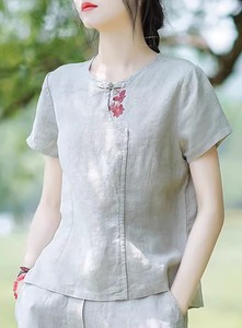 中式禅意茶服上衣女小个子夏季短袖亚麻t恤女士宽松慵懒棉麻衬衫