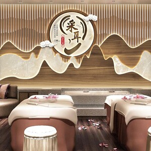 中式轻奢简约采耳店前台墙布现代养生馆装饰壁纸美容院会所墙纸画