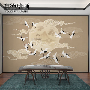 古风祥云飞鹤仙鹤新中式电视背景墙壁纸墙纸壁画客厅茶室古筝墙布