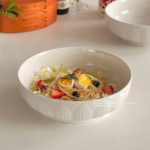 白色高级感浮雕大号汤碗家用陶瓷餐具面条汤面拉面泡面碗大碗面碗