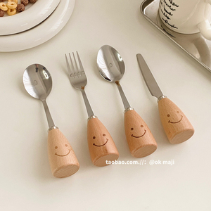 ok maji韩国ins厨房家用可爱笑脸木柄不锈钢水果刀叉勺子套装餐具