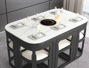 岩板实木餐桌椅组合耐高温家用小户型省空间电磁炉火锅桌现代简约