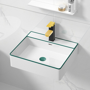 北欧绿色边陶瓷挂墙悬挂式洗手盆方形小户型卫生间洗脸挂壁组合池