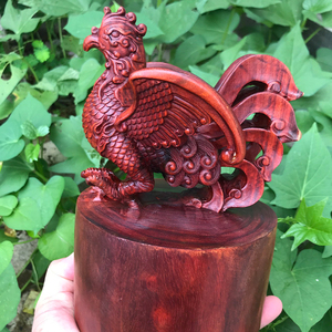 小叶紫檀木雕神兽朱雀太阳金乌摆件实木雕刻工艺品办公桌客厅家居