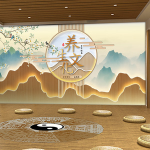新中式美容院前台背景墙壁纸养生文化装饰壁画理疗保健用品店墙纸