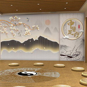 足疗店形象墙吧台背景墙纸浴足养生馆装修新中式装饰前台logo壁纸