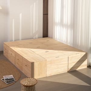 榻榻米储物床纯实木收纳箱拼接床箱地台飘窗柜定做木箱子拼床组合