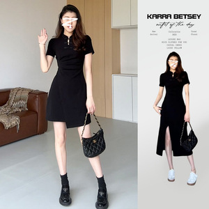 2024新款小个子黑色连衣裙子新中式国风旗袍夏季女装气质开叉长裙