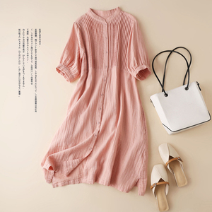 日系女装外贸出口尾单风琴褶棉麻五分袖连衣裙夏季纯色开衫衬衫裙